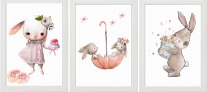 ZESTAW 3 OBRAZKI PLAKATY króliczki pastel