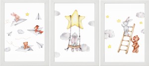 ZESTAW 3 OBRAZKI PLAKATY króliczki chmury