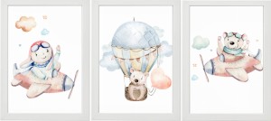 ZESTAW 3 OBRAZKI PLAKATY samolot balony miś