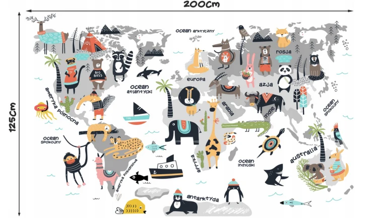 Naklejka Mapa Świata zwierzęta dla dzieci 200cm PL.png