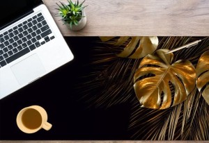 Mata do biura antypoślizgowa na biurko z IKEA MALM monstera złoty liść