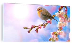 FOTO OBRAZ SZKLANY ŚCIENNY PTASZEK PTAK GAŁĄŹ KWIATY