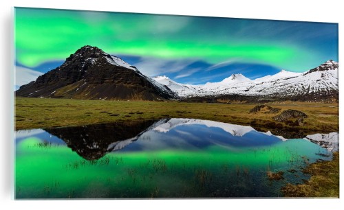 NOWOCZESNY FOTO OBRAZ NA SZKLE ZORZA POLARNA GÓRY 