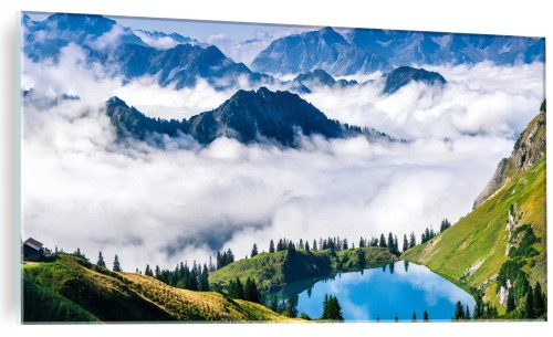 SZKLANY FOTO OBRAZ DO SALONU MGŁA W GÓRACH SZCZYTY