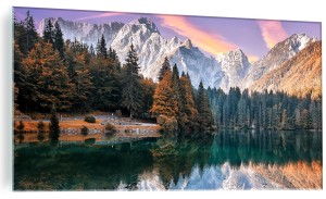 NOWOCZESNY OBRAZ NA SZKLE góry jezioro w górach las