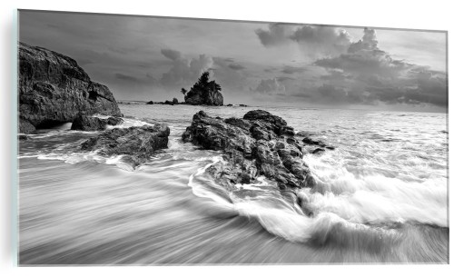 OBRAZ NA SZKLE SZKLANY DO SALONU CZARNO BIAŁY MORZE FALE 