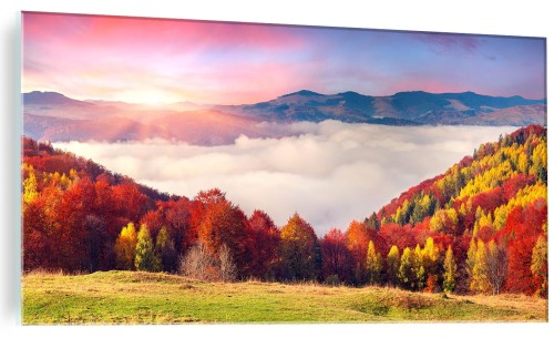 OBRAZ NA SZKLE SZKLANY DO SALONU PORANEK W GÓRACH MGŁA
