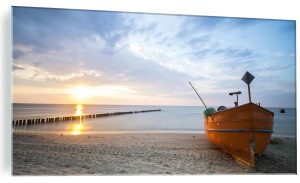 OBRAZ NA SZKLE SZKLANY ŚCIENNY ŁÓDŹ NA PLAŻY ZACHÓD SŁOŃCA