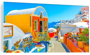 OBRAZ SZKLANY NA SZKLE ULICZKA W GRECJI SANTORINI