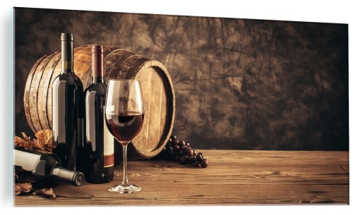OBRAZ SZKLANY NA SZKLE DO KUCHNI JADALNI BECZKI I WINO 