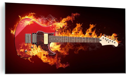 NOWOCZESNY FOTO OBRAZ NA SZKLE GITARA W OGNIU OGIEŃ