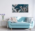 FOTO OBRAZ SZKLANY DO SALONU TURKUS SZARE LIŚCIE