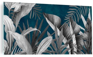 FOTO OBRAZ SZKLANY DO SALONU TURKUS SZARE LIŚCIE