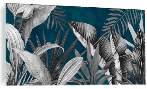 FOTO OBRAZ SZKLANY DO SALONU TURKUS SZARE LIŚCIE