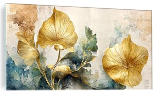 FOTO OBRAZ SZKLANY DO SALONU LIŚCIE ZŁOTE JAK MALOWANE