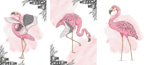 OBRAZY PLAKATY ZESTAW DO SALONU SYPIALNI FLAMINGI LIŚCIE