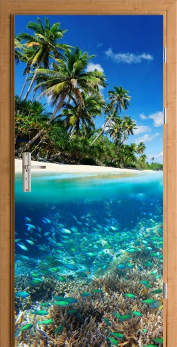 FOTOTAPETA SAMOPRZYLEPNA NA DRZWI LAZUROWY OCEAN PLAŻA TROPIKI