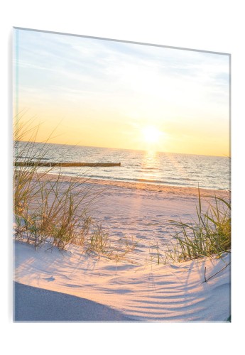 OBRAZ SZKLANY MORZE PLAŻA  ZACHÓD SŁOŃCA