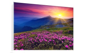 OBRAZ SZKLANY DO SALONU GÓRY KWIATY ŁĄKA WSCHÓD SŁOŃCA MGŁA