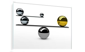 OBRAZ SZKLANY DO SALONU SZTUKA NOWACZESNA SREBRNE KULE BALANS NA BIAŁYM TLE