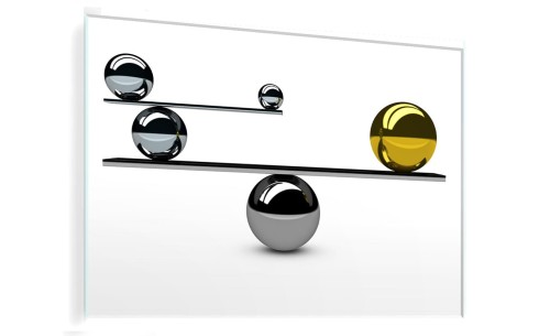 OBRAZ SZKLANY DO SALONU SZTUKA NOWACZESNA SREBRNE KULE BALANS NA BIAŁYM TLE