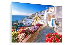 OBRAZ SZKLANY DO SALONU WZGÓRZA SANTORINI GRECJA