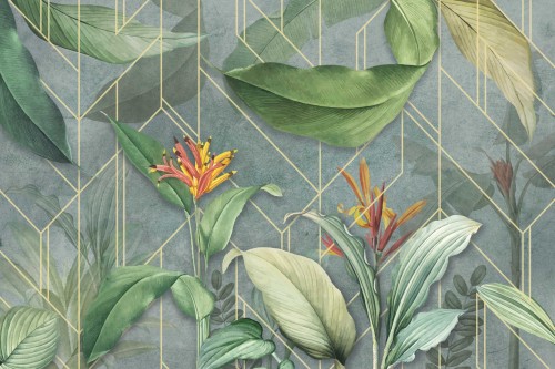 FOTOTAPETA DO SALONU SYPIALNI NOWOCZESNY WZÓR LIŚCIE KWIATY