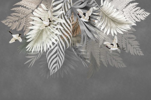 FOTOTAPETA DO SALONU SYPIALNI ELEGANCKIE LIŚCIE PTAKI