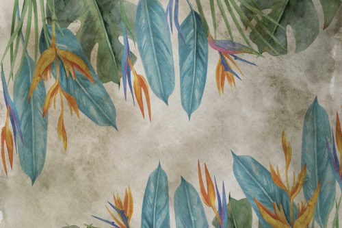 FOTOTAPETA DO SALONU SYPIALNI BARWNE LIŚCIE TROPIKALNE