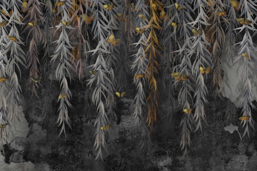 FOTOTAPETA DO SALONU SYPIALNI ABSTRAKCJA ZŁOTE MOTYLE ROŚLINY