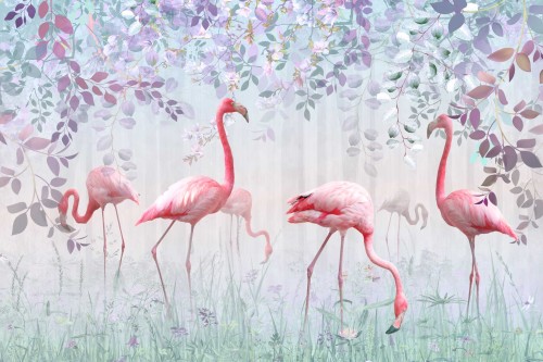 FOTOTAPETA DO SALONU SYPIALNI FLAMINGI KWIATY