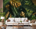 FOTOTAPETA DO SALONU SYPIALNI LIŚCIE MONSTERY ZŁOTA MONSTERA