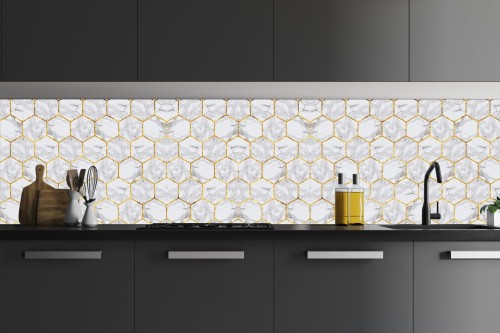 FOTOTAPETA DO KUCHNI ZMYWALNA HEKSAGONY SZARE ZŁOTO 