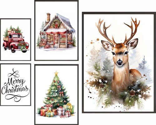 Świąteczne plakaty ZESTAW XXL 5szt ZIMOWA KRAINA JELEŃ AUTO ŚWIĘTA