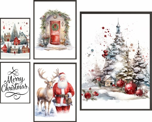Świąteczne plakaty ZESTAW XXL 5szt ZIMOWA SCENERIA CHOINKA MIKOŁAJ
