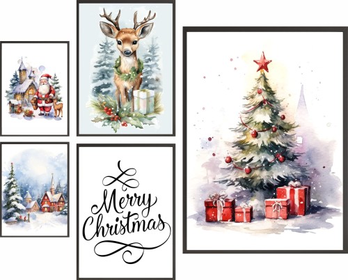 Świąteczne plakaty ZESTAW XXL 5szt ŚWIĄTECZNA KRAINA JELEŃ ZIMA