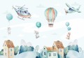 Fototapeta ścienna dla dzieci dla chłopca KRÓLICZKI Z BALONAMI DOMKI SAMOLOTY