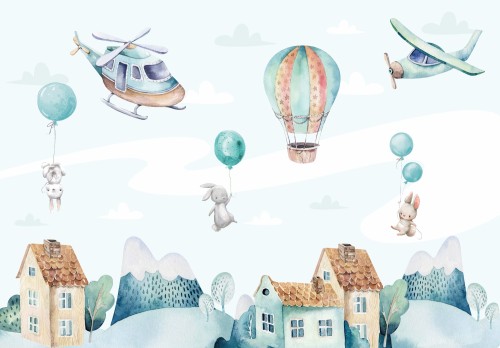 Fototapeta ścienna dla dzieci dla chłopca KRÓLICZKI Z BALONAMI DOMKI SAMOLOTY