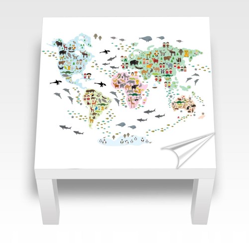 Naklejka laminowana na STOLIK IKEA LACK  MAPA ŚWIATA ZWIERZĘTA