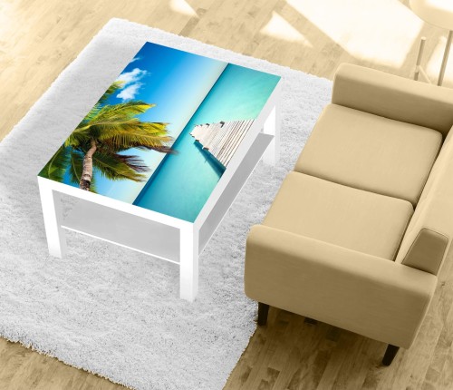 Naklejka laminowana na STOLIK KAWOWY IKEA LACK PALMA TROPIKI OCEAN MOLO