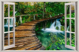 Naklejki na ścianę okno z widokiem wodospady pomost zieleń natura
