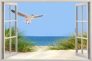 Naklejki na ścianę 3d okno z widokiem plaża morze mewa 