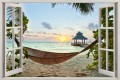 Naklejka ścienna do salonu WIDOK PRZEZ BIAŁE OKNO hamak plaża zachód