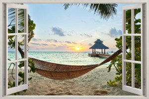 Naklejka ścienna do salonu WIDOK PRZEZ BIAŁE OKNO hamak plaża zachód