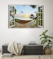 Naklejka ścienna do salonu WIDOK PRZEZ BIAŁE OKNO hamak plaża zachód
