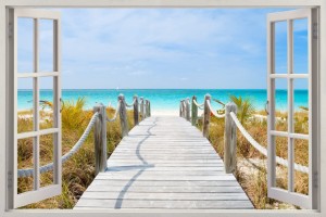 Naklejki na ścianę 3D okno z widokiem morze pomost plaża