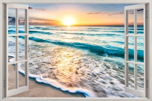 Naklejka ścienna do salonu WIDOK PRZEZ OKNO BIAŁE morze zachód słońca
