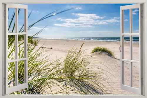 Naklejka ścienna do salonu WIDOK PRZEZ BIAŁE OKNO plaża piasek wydmy