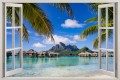 Naklejka do salonu na ścianę WIDOK PRZEZ BIAŁE OKNO Bora Bora palmy ocean