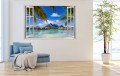 Naklejka do salonu na ścianę WIDOK PRZEZ BIAŁE OKNO Bora Bora palmy ocean